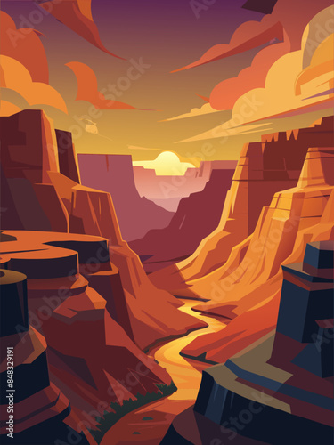 A painting of a canyon with a river running through it and a sun in the sky. The painting has a warm, peaceful feeling to it