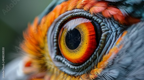 This stunning macro shot highlights the intricate details and vivid colors of a bird's eye with yellow and orange rings