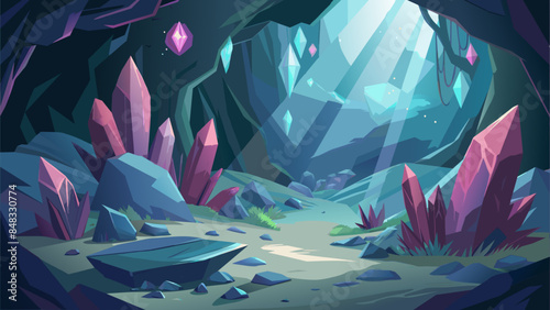 A computer generated image of a forest with a path leading through it. The path is surrounded by rocks and there are many different colored rocks scattered throughout the scene