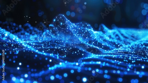 An artist's digital rendering of dynamic blue waves with sparkling particles invoking themes of connectivity or data movement