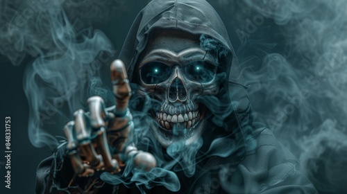 Grim reaper reaching out in dark smoky setting with copy space for a chilling and spooky theme
