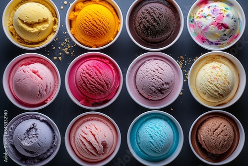 Top view of assorted ice cream scoops in cups arranged in rows. Dessert and summer treat concept. Closeup view for poster, advertisement, and packaging. 
