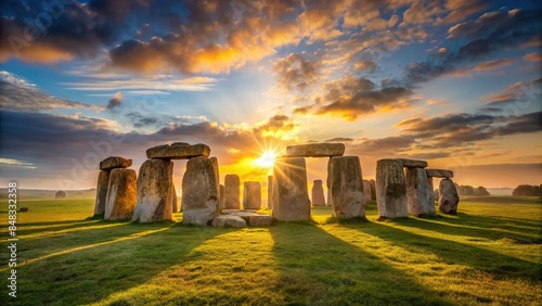 Ancient stone circle of Stonehenge bathed in the golden light of sunrise, mysterious, ancient, stones, historical