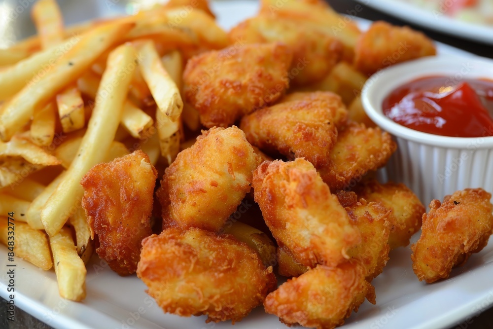Chicken nuggets and french fries on white plate with ketchup Chicken nuggets and french fries on white plate with ketchup