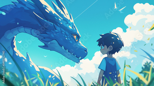 Menino olhando para um dragão azul no estilo cartoon lofi photo