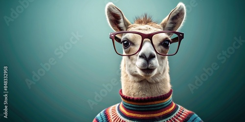 Llama wearing glasses and sweater looking at camera with a smile, llama, glasses, sweater, smiling, portrait, cute, animal photo