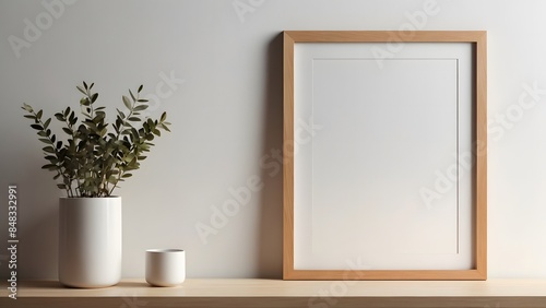 Mockup of poster, photo frame on wooden table with white wall background