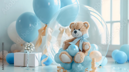 A teddy bear with a bow tie inside a clear balloon surrounded by blue balloons and giftbox, perfect for a surprise gift photo