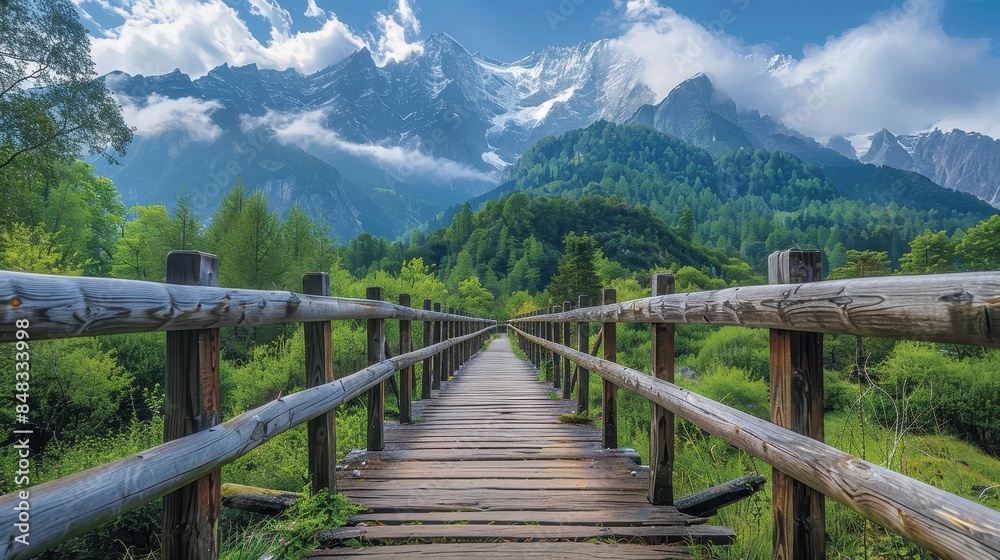 A wooden footbridge invites on a journey through a lush green forest with dramatic mountain peaks in the background A wooden footbridge invites on a journey through a lush green forest with dramatic mountain peaks in the background