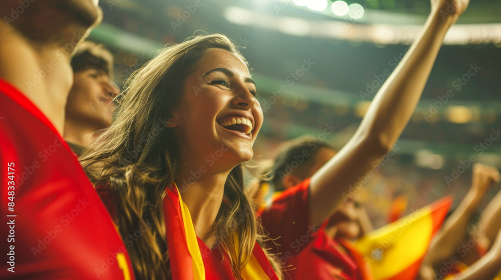 Spanish football soccer fans in a stadium supporting the national team, La Selección, La Furia Roja
Spanish football soccer fans in a stadium supporting the national team, La Selección, La Furia Roja