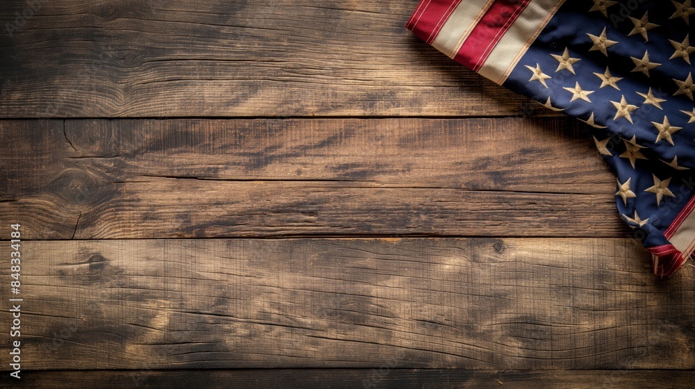 A wooden background with a red, white and blue American flag on top A wooden background with a red, white and blue American flag on top