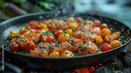 Close-up of seared salmon fillets with cherry tomatoes and herbs adding flavor and color to the dish photo