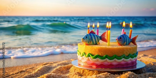 Colorful birthday cake with fish and candles on beach, birthday, cake, colorful, fish, candles, beach, celebration, party, twenty-one