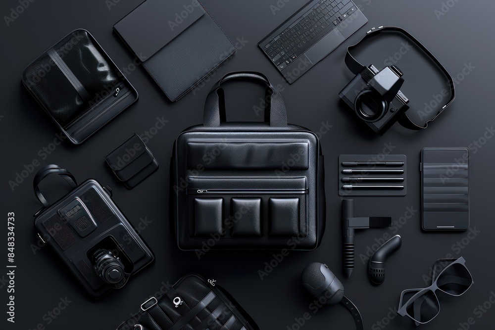 Black Leather Backpack With Accessories On Dark Grey Background Black Leather Backpack With Accessories On Dark Grey Background