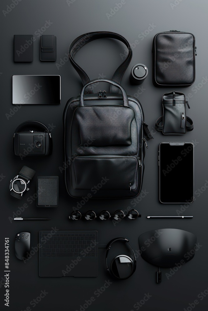 Black Leather Backpack With Accessories On Dark Grey Background