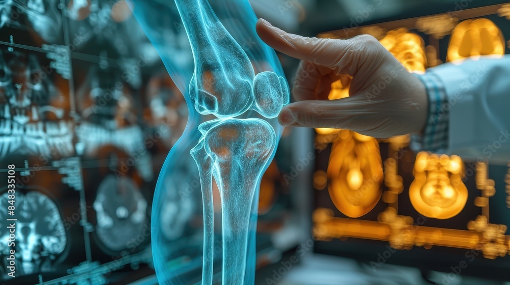 A medical professional evaluates a virtual projection of a knee joint, highlighting medical technology advancements