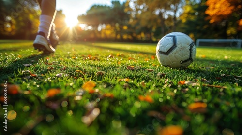 A close-up shot capturing a person's foot about to kick a soccer ball with a goal in the background during a beautiful sunset
