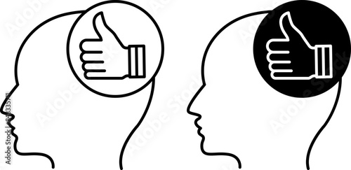 Optimistic icons. Black and White Vector Icons. Human Head and Thumbs Up. Okay sign. Emotions, Mental Health. Mood Concept