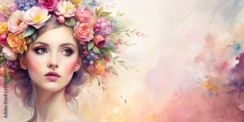 Watercolor portrait of a beautiful woman with flowers in her hair on a pastel pink background, watercolor, portrait, beautiful