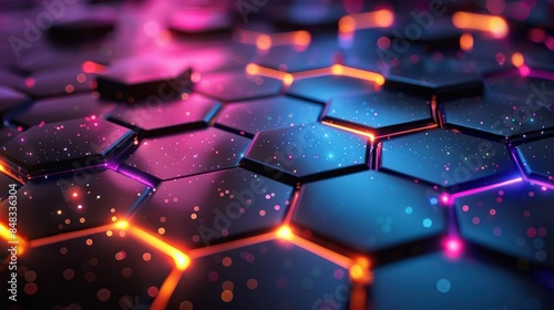 Reflective black hexagonal background with colored lights