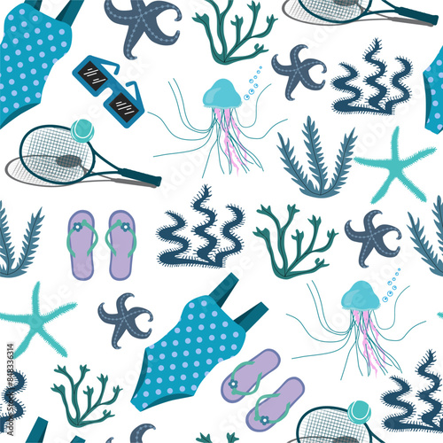 Seamless blue pattern with flip flop sandals, swimsuits, starfish. Jellyfish, seaweeds and sunglasses. Tennis racket with ball. Repeating summer print, background texture. Isolated on white.