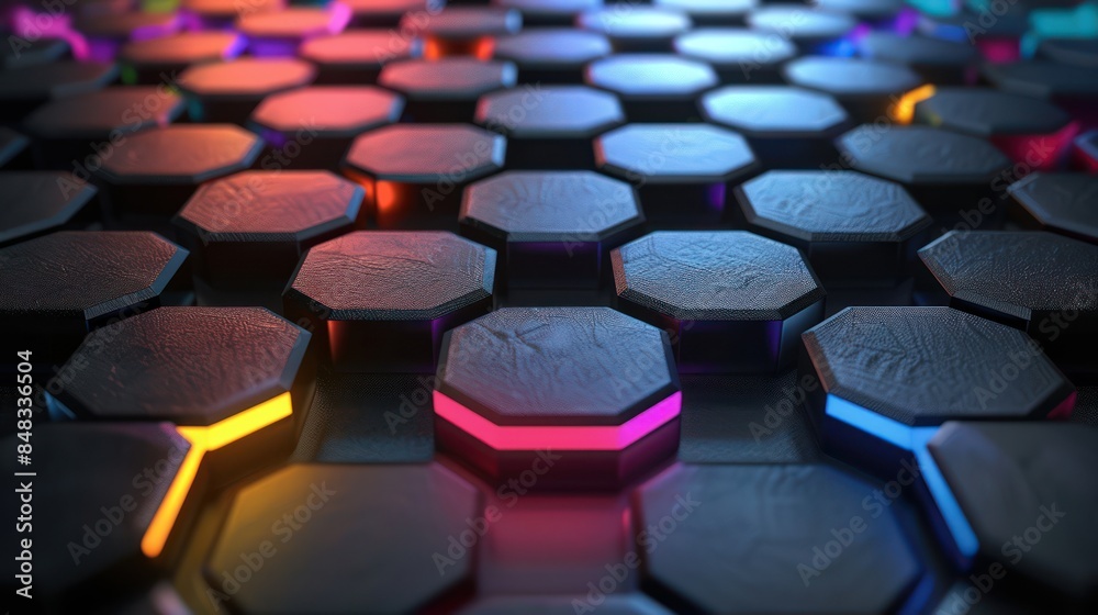 Reflective black hexagonal background with colored lights Reflective black hexagonal background with colored lights