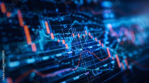 close-up of a stock market investment trading chart displayed in blue, analyzing data with detailed candlestick graphs, financial data points