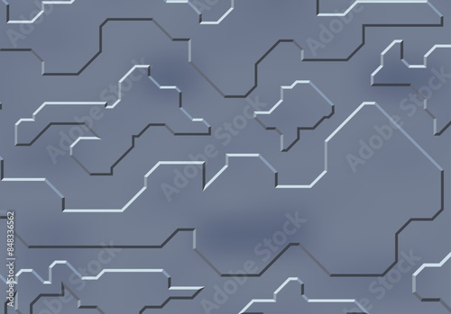 Background with metallic panels texture, wires and circuit. Spaceship hull wall, technology background