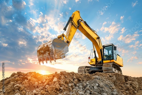 Yellow excavator at construction site during sunset, performing digging work with scenic sky background, symbolizing heavy machinery and industry.