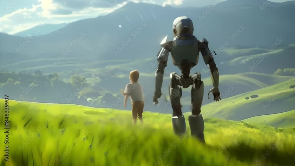 A boy walking alongside a robot through a lush green mountain landscape enjoying the natural beauty around them A boy walking alongside a robot through a lush green mountain landscape enjoying the natural beauty around them
