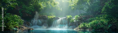 Beautiful waterfall in a lush forest with sunlight streaming through the trees, creating a serene and tranquil natural scene. photo
