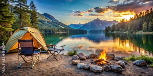 Ideal camping spot on the shore of a mountain lake with a tent, campfire, two folding chairs, and a table, camping, shore photo