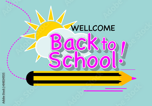 Funny Back to school illustration with a flying pencil flying trough the sky