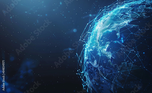Digital network connections covering the Earth, depicting global communication and data exchange.