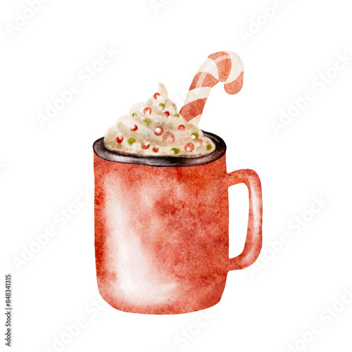 Watercolor Christmas red hot drink with cream and candy, vector cut out from white background