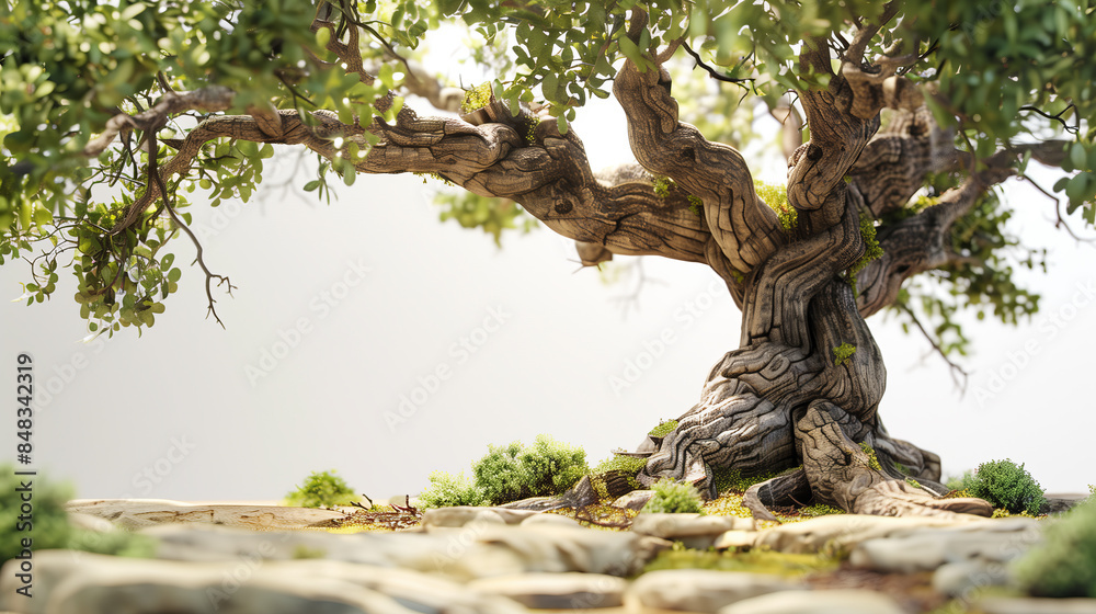 Fototapeta premium Tree with Twisted Branches and Green Foliage on White Background