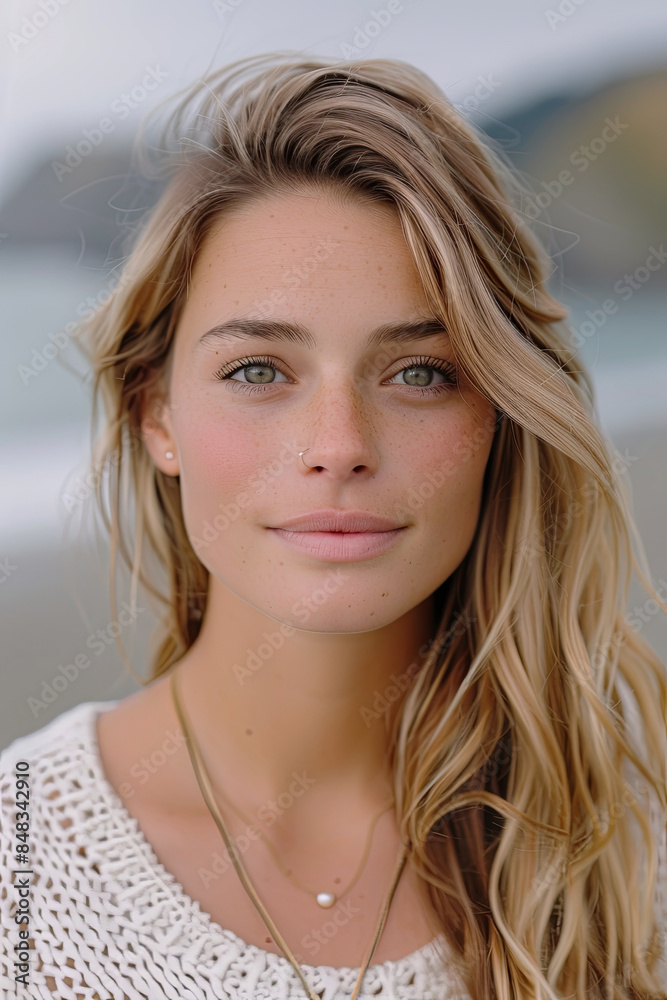Portrait of a young woman in casual clothes on a beach background, concept for body care and cosmetics Portrait of a young woman in casual clothes on a beach background, concept for body care and cosmetics