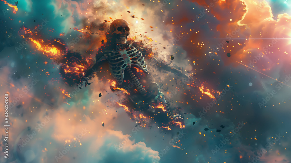 Skeleton in Fiery Explosion, Surreal Art, Conceptual Imagery