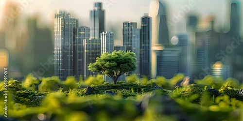 Digital artwork of ecofriendly city with futuristic skyscrapers blending nature and urban life. Concept Ecofriendly Architecture, Futuristic Skyscrapers, Urban Greenery, Nature Integration © Anastasiia