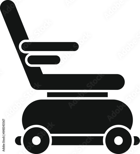 Black glyph icon of an electric wheelchair for disabled people, side view