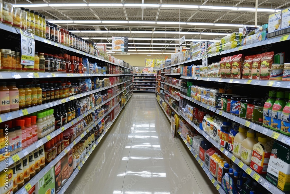 Wide Variety of Gluten-Free Products Lining a Busy Supermarket Aisle for Health-Conscious Shoppers Wide Variety of Gluten-Free Products Lining a Busy Supermarket Aisle for Health-Conscious Shoppers