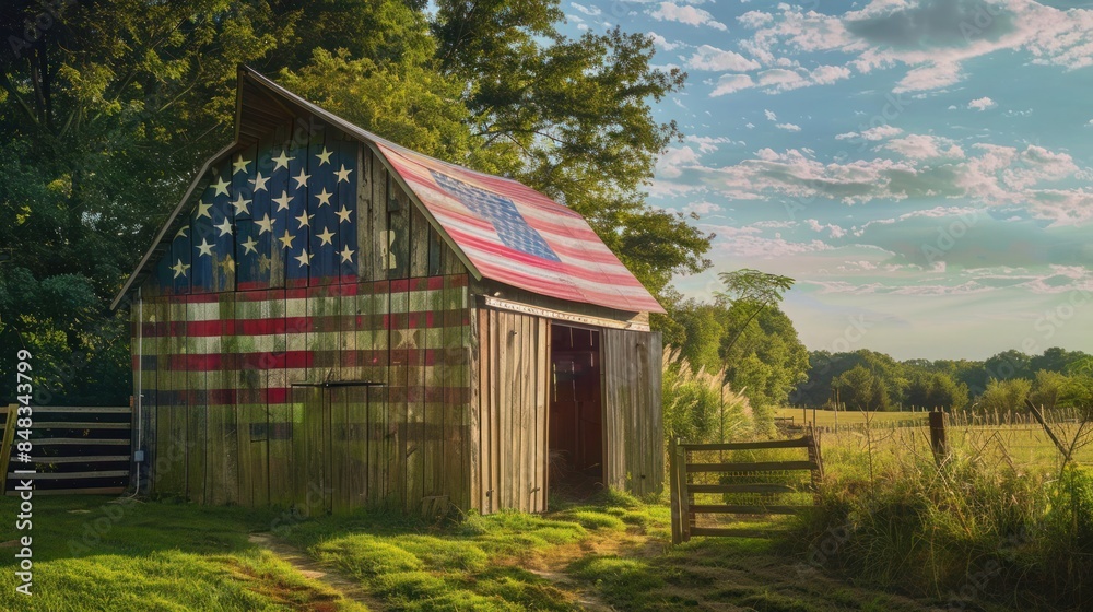 rustic barn painted with the American flag, set in a peaceful countryside rustic barn painted with the American flag, set in a peaceful countryside