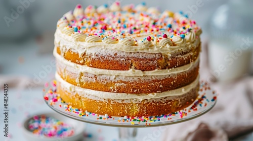 Gluten-Free Birthday Cake with Colorful Sprinkles and Frosting Layers on Stylish Cake Stand photo