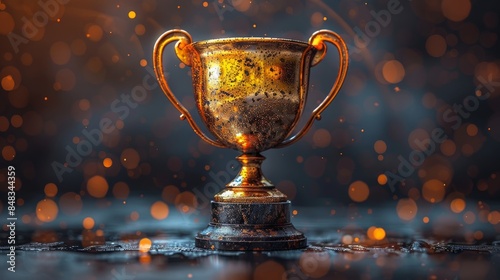 A rustic trophy with an aged surface effect, surrounded by sparkles and warm lighting