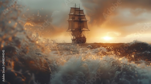 Majestic old sailing ship braving the rough seas with splashing waves and a dramatic sunset sky in the background