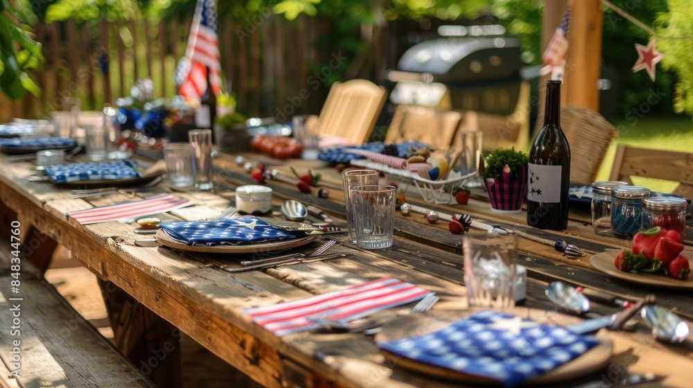 rustic wooden table set for a Fourth of July barbecue, complete with patriotic decorations rustic wooden table set for a Fourth of July barbecue, complete with patriotic decorations