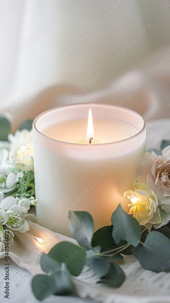 A large white wax candle, with a flickering flame, sitting on top of an elegant table with a soft linen cloth and delicate flowers in the background. A large white wax candle, with a flickering flame, sitting on top of an elegant table with a soft linen cloth and delicate flowers in the background.