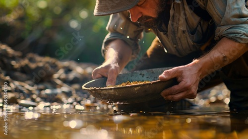 Detailed shot of a determined gold panner examining their pan, expression a mix of anticipation and concentration as they search for glints of gold amidst the sediment photo