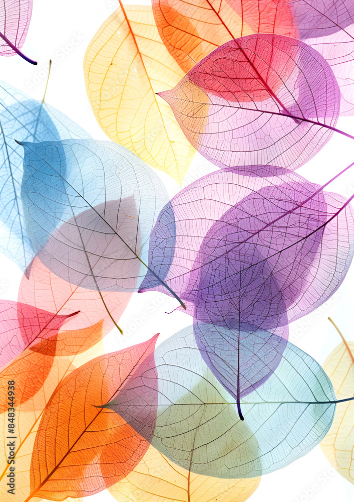 Fresh flying colorful transparent structure leaves isolated on white