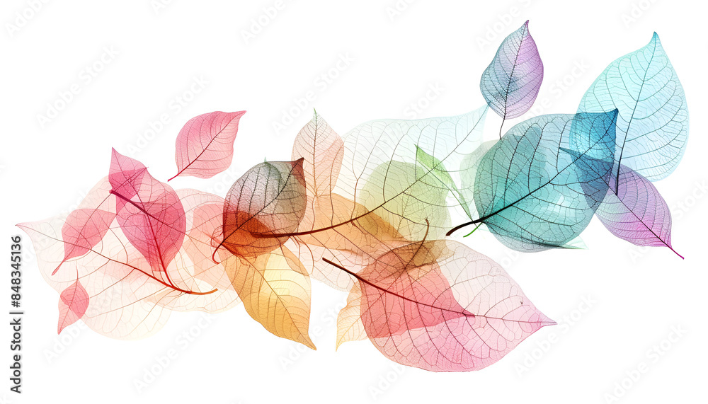 Obraz premium Fresh flying colorful transparent structure leaves isolated on white